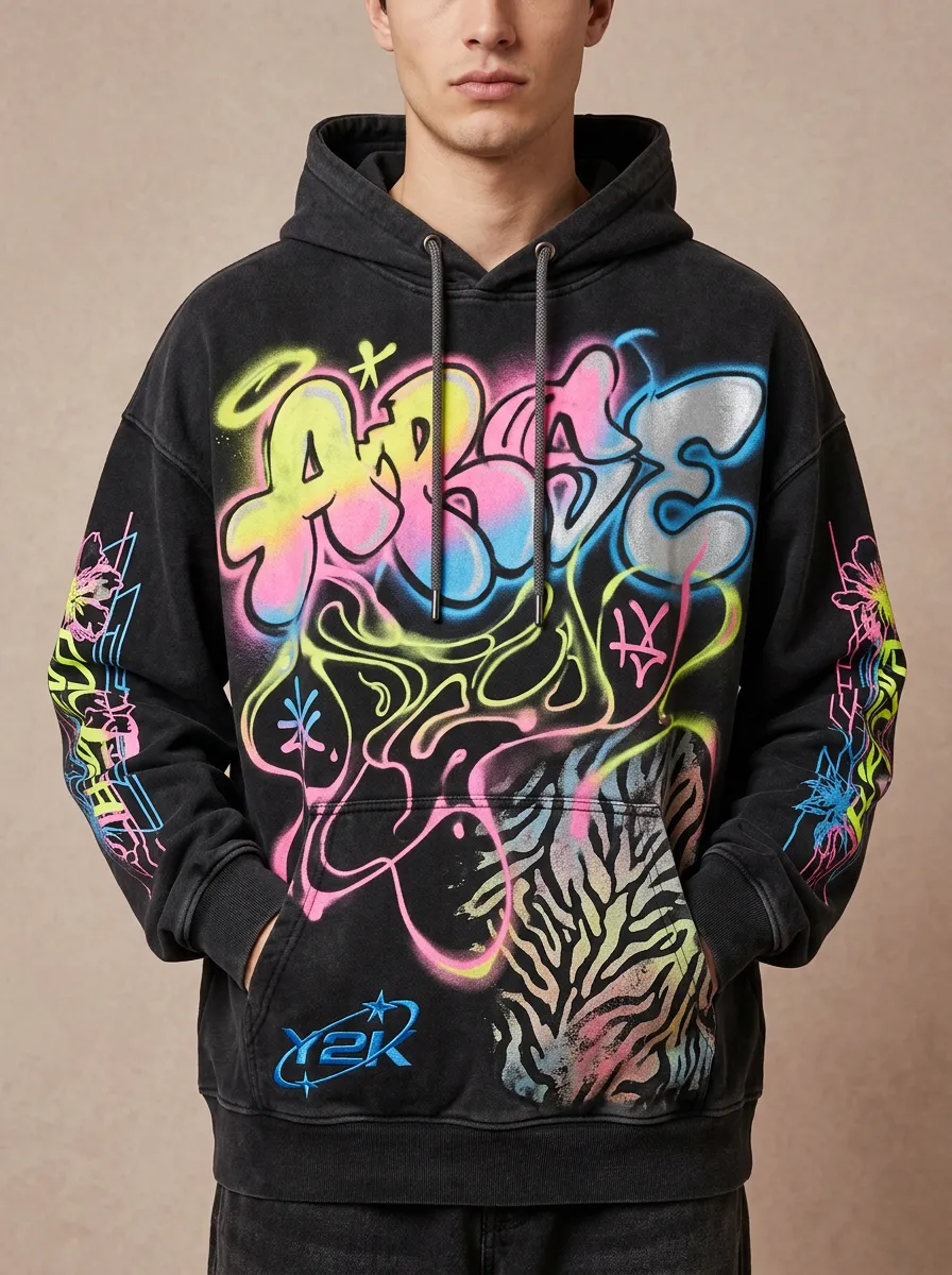 Unisex Streetwear Y2K Graffiti Neon Airbrush Graphic Hoodie