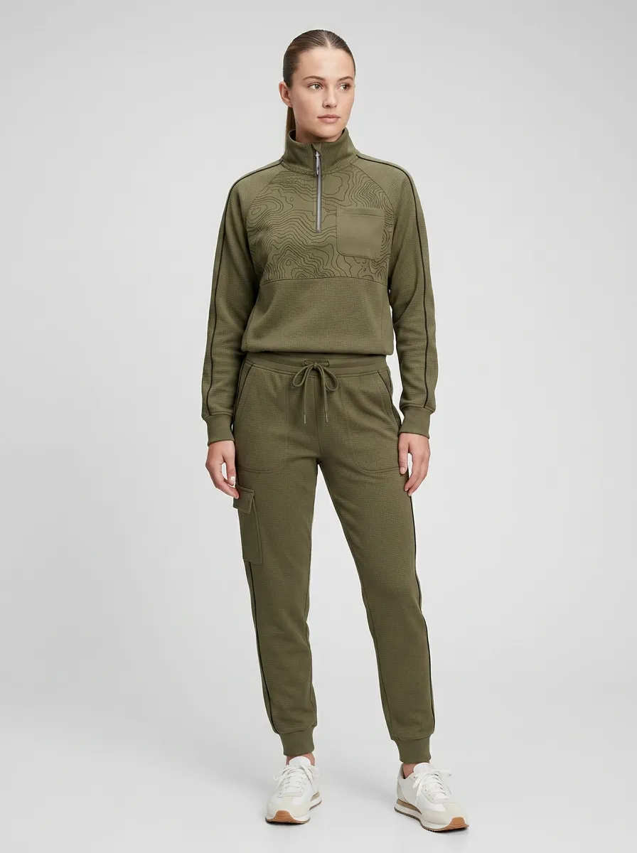 Women's Olive Green Quarter-Zip Pullover and Cargo Jogger Set