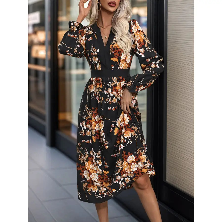 Notched Notched Long Sleeve Midi Dress