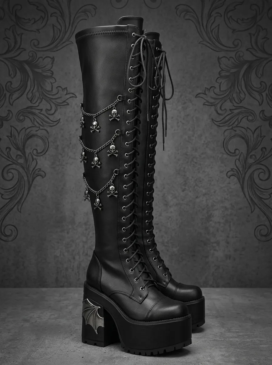 Modern Gothic Skull Bat Wing Dark Look Women's Gothic Platform Knee High Boots