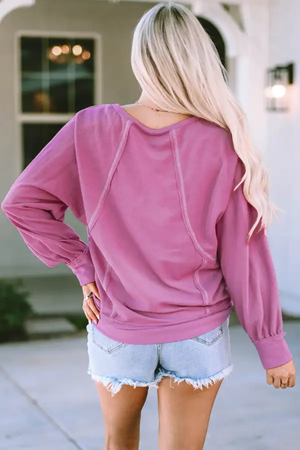 Women's Terry Round Neck Exposed Seam Pullover Top