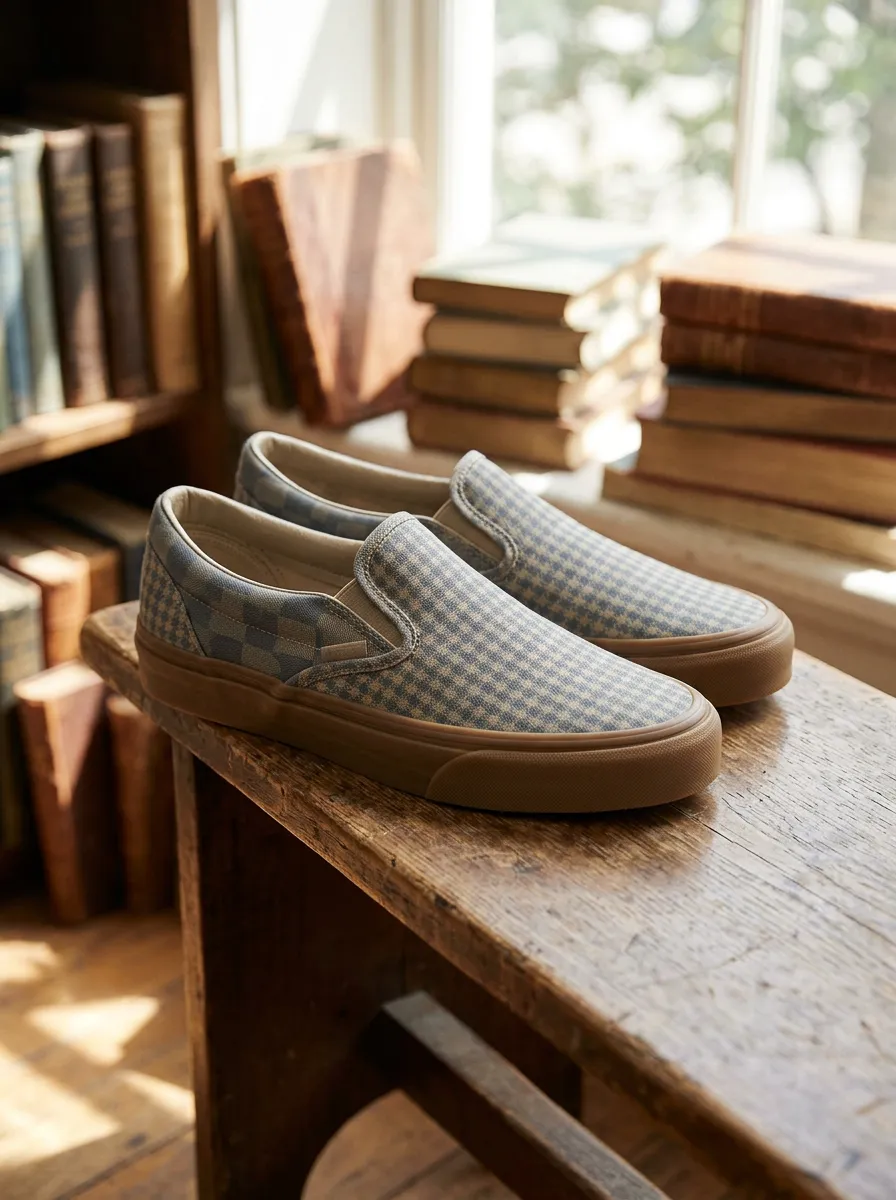 Men's Blue Gingham Checkered Pattern Printed Canvas Shoes