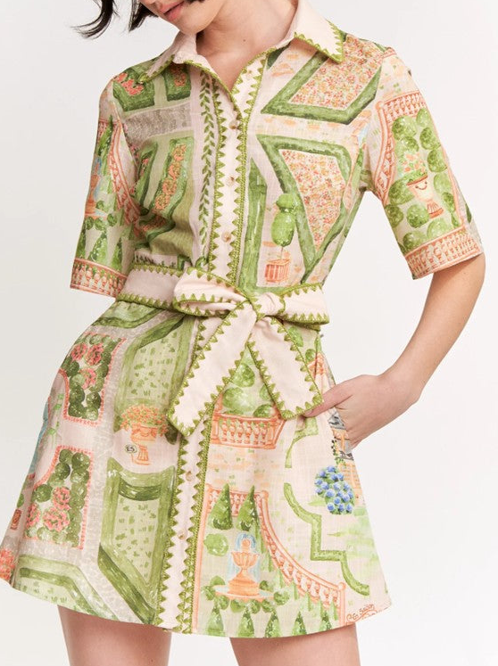 Green Geometric Print Belted Mini Dress