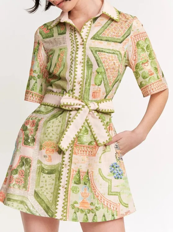 Green Geometric Print Belted Mini Dress