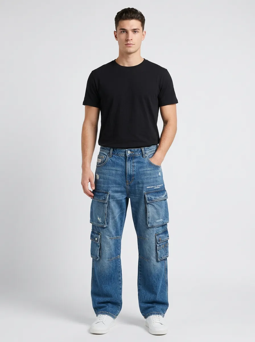 Men's Streetwear Distressed Denim Multi-Pocket Printed Cargo Jeans