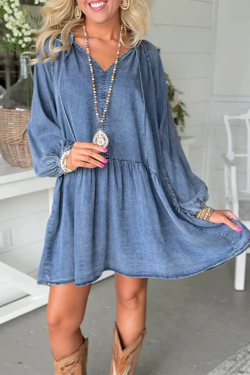 Denim V Neck Ruffle Mini Dress