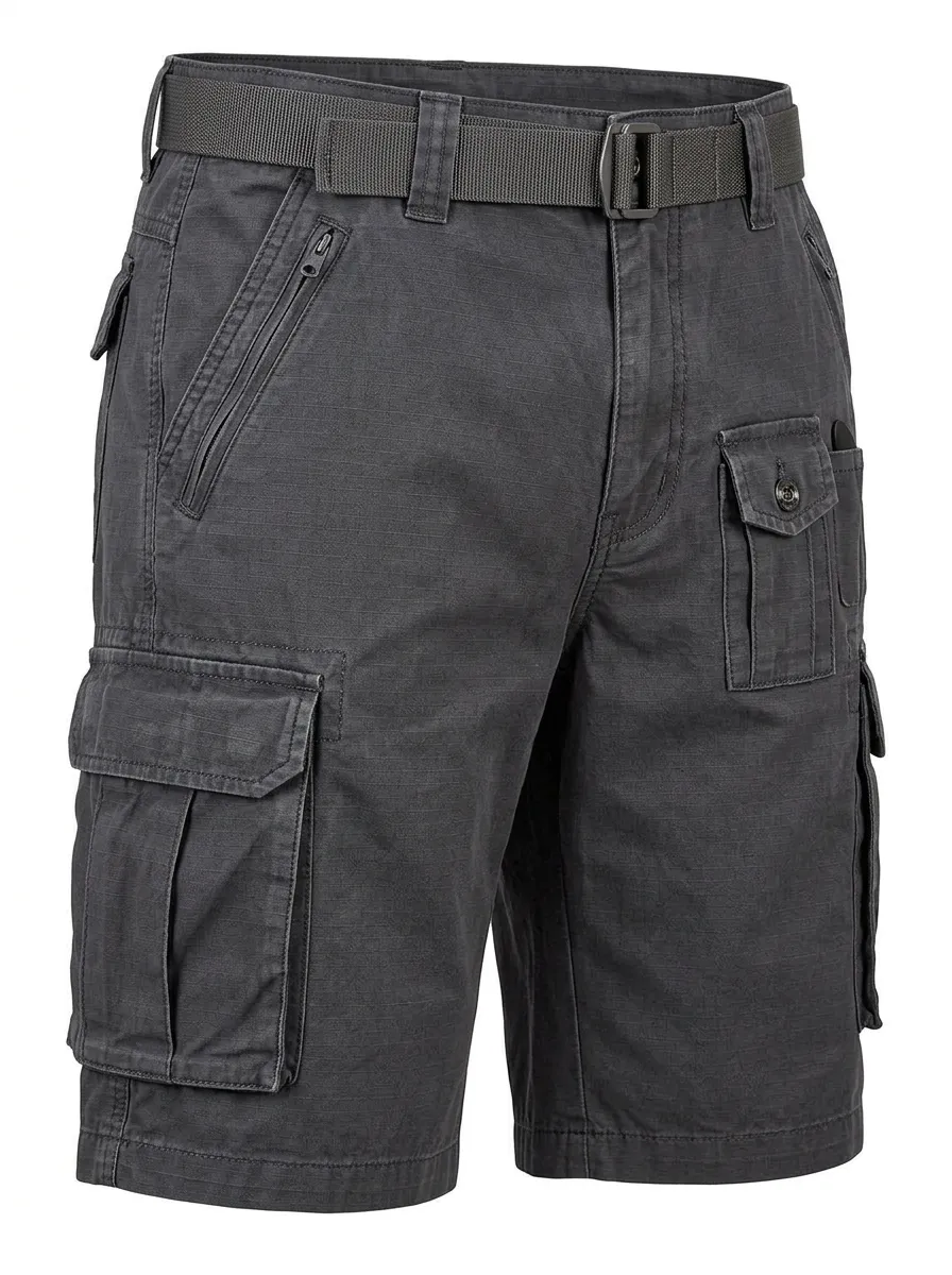 Men's Integrated Web Belt Button-Flap Pockets Cargo Shorts