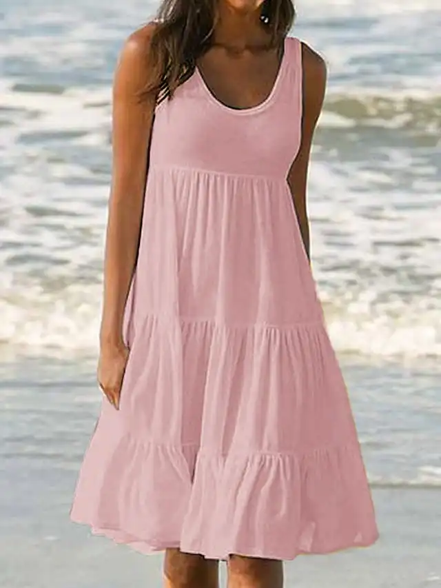 Women's White Dress Sundress Midi Dress Black And White Light Pink Green Sleeveless Pure Color Ruched Spring Summer Crew Neck Basic Boom Sale Dress S M L XL XXL 3XL 4XL 5XL