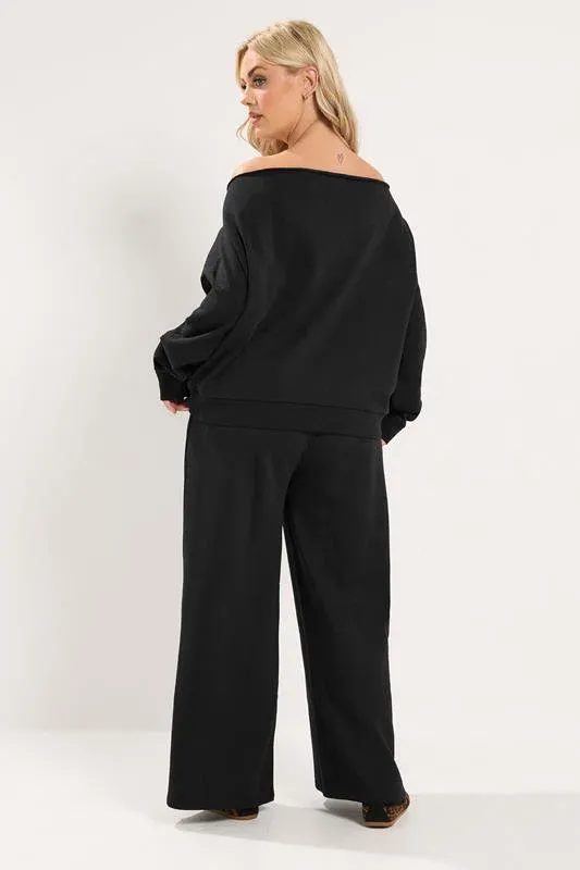 Black Off Shoulder Sweatshirt & Jogger Wide Leg Set