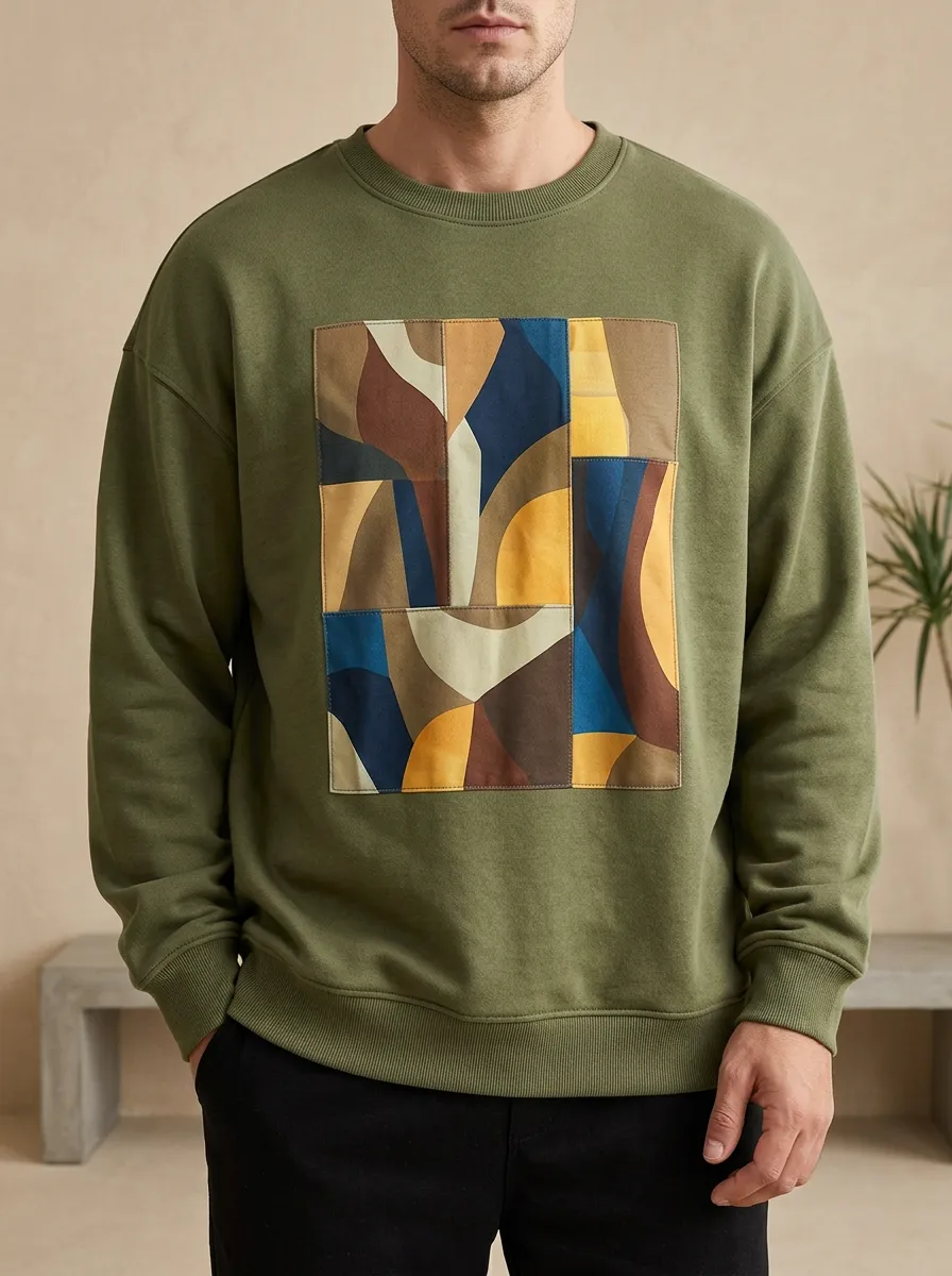 Men's Abstract Geometric Patchwork Printed Crewneck Sweatshirt Modern Pattern
