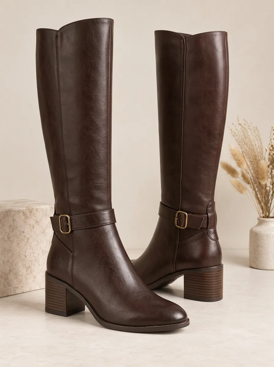 Women's Outdoor Knee High Boots Buckle Strap Faux Leather