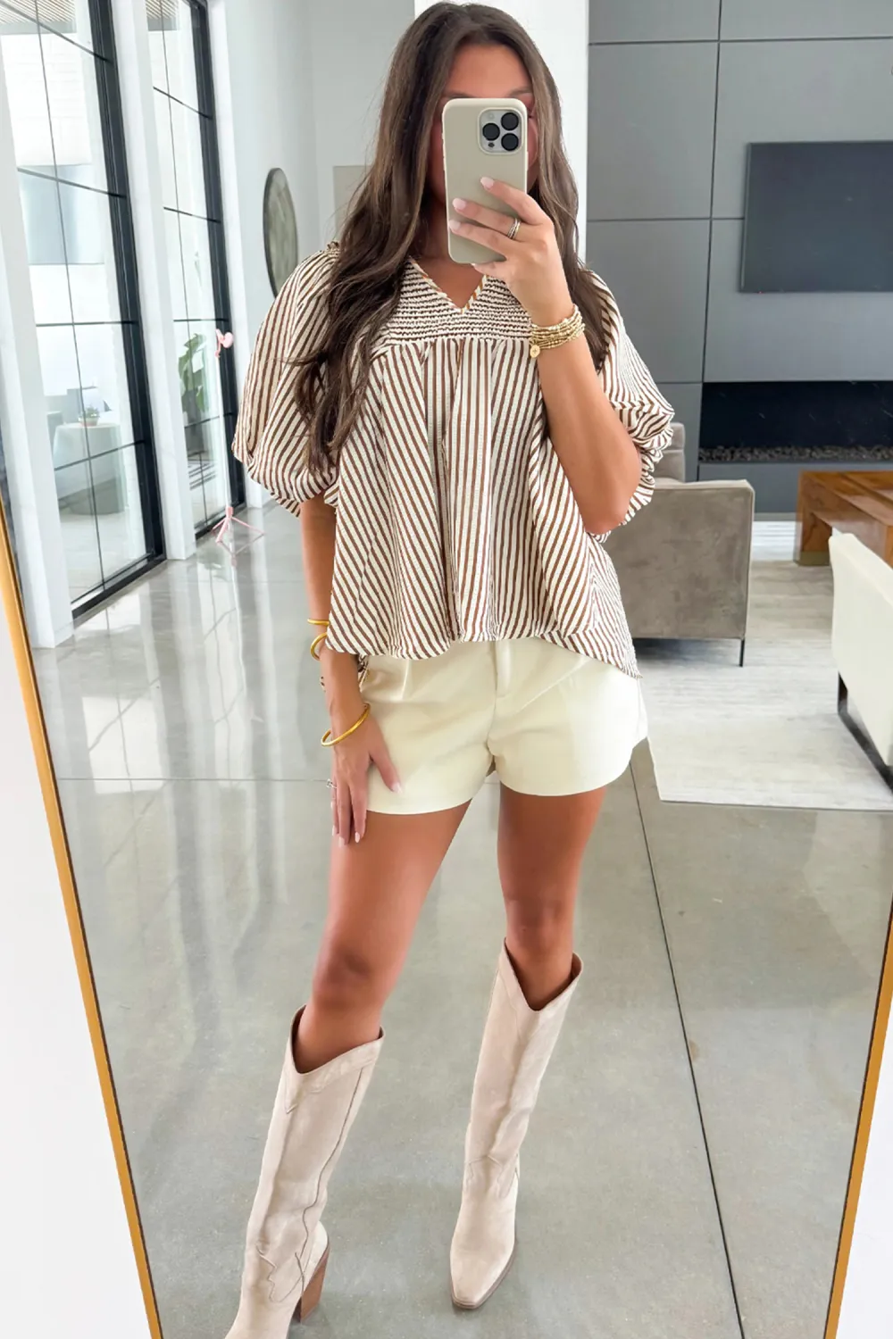 Brown Stripe Shirred V Neck Blouse