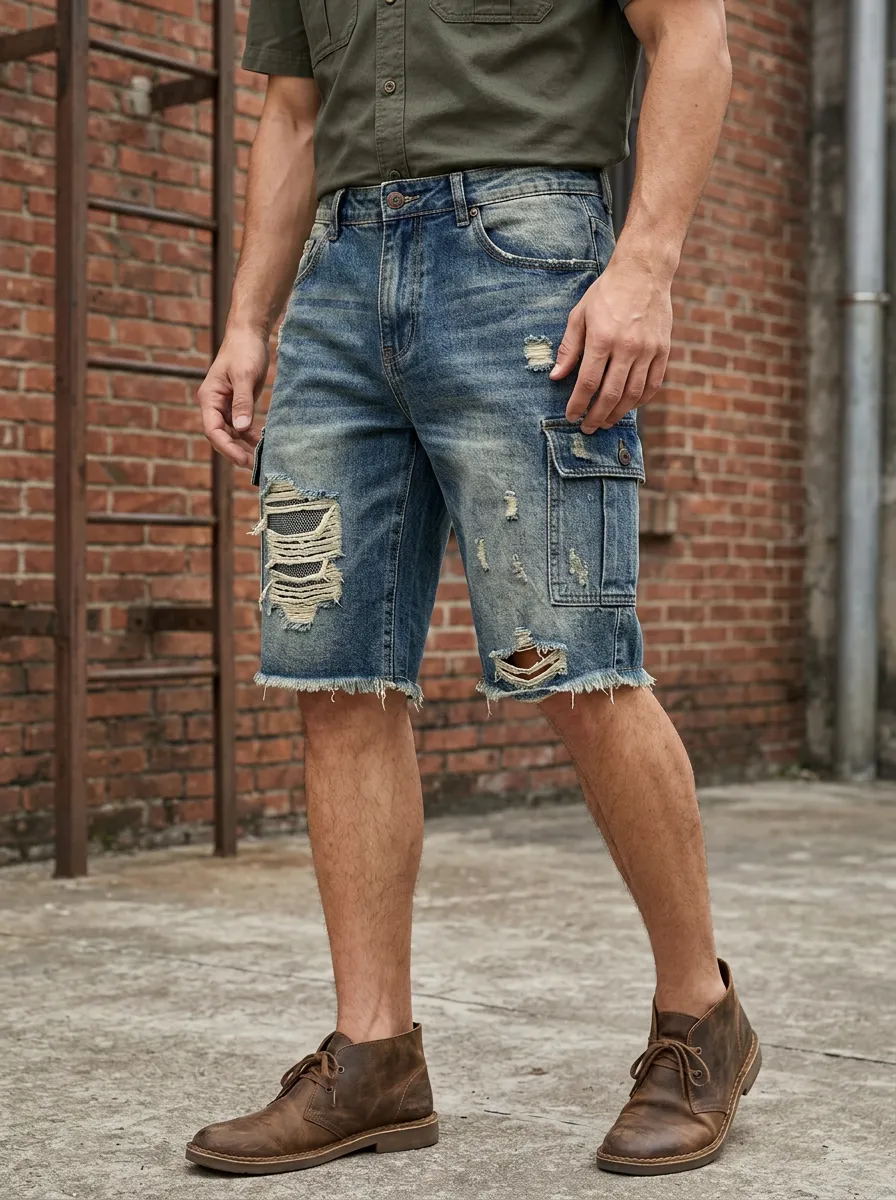 Men's Distressed Cargo Raw Hem Denim Shorts