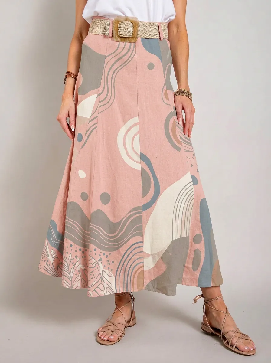 Women's Boho Aesthetic Abstract Wave Printed Midi Skirt