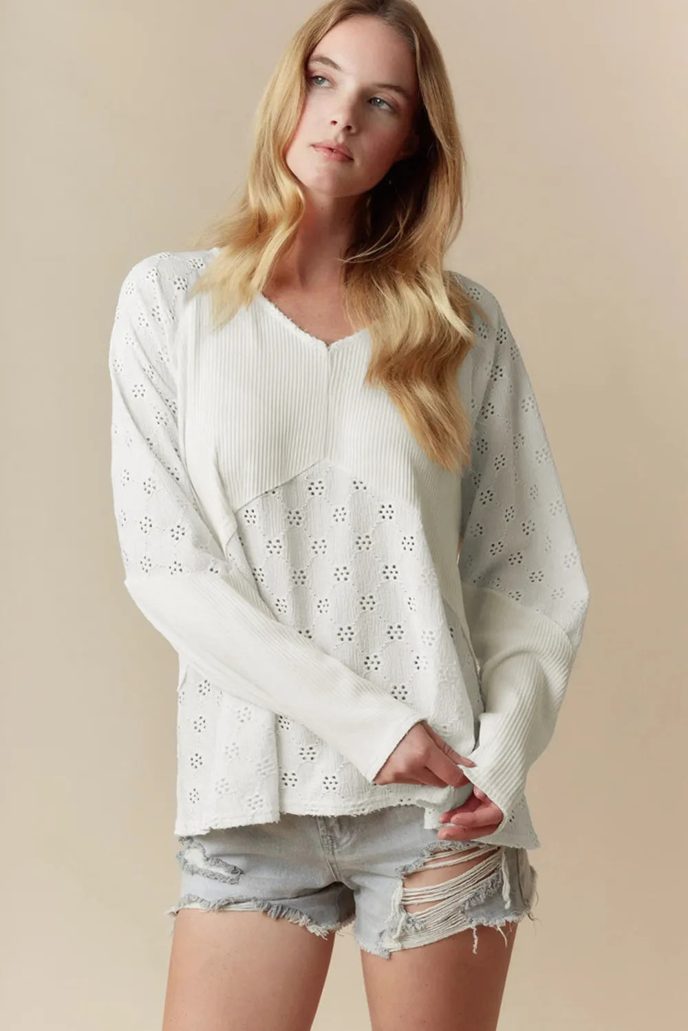 White Twisted Rib Patchwork Embroidered Top