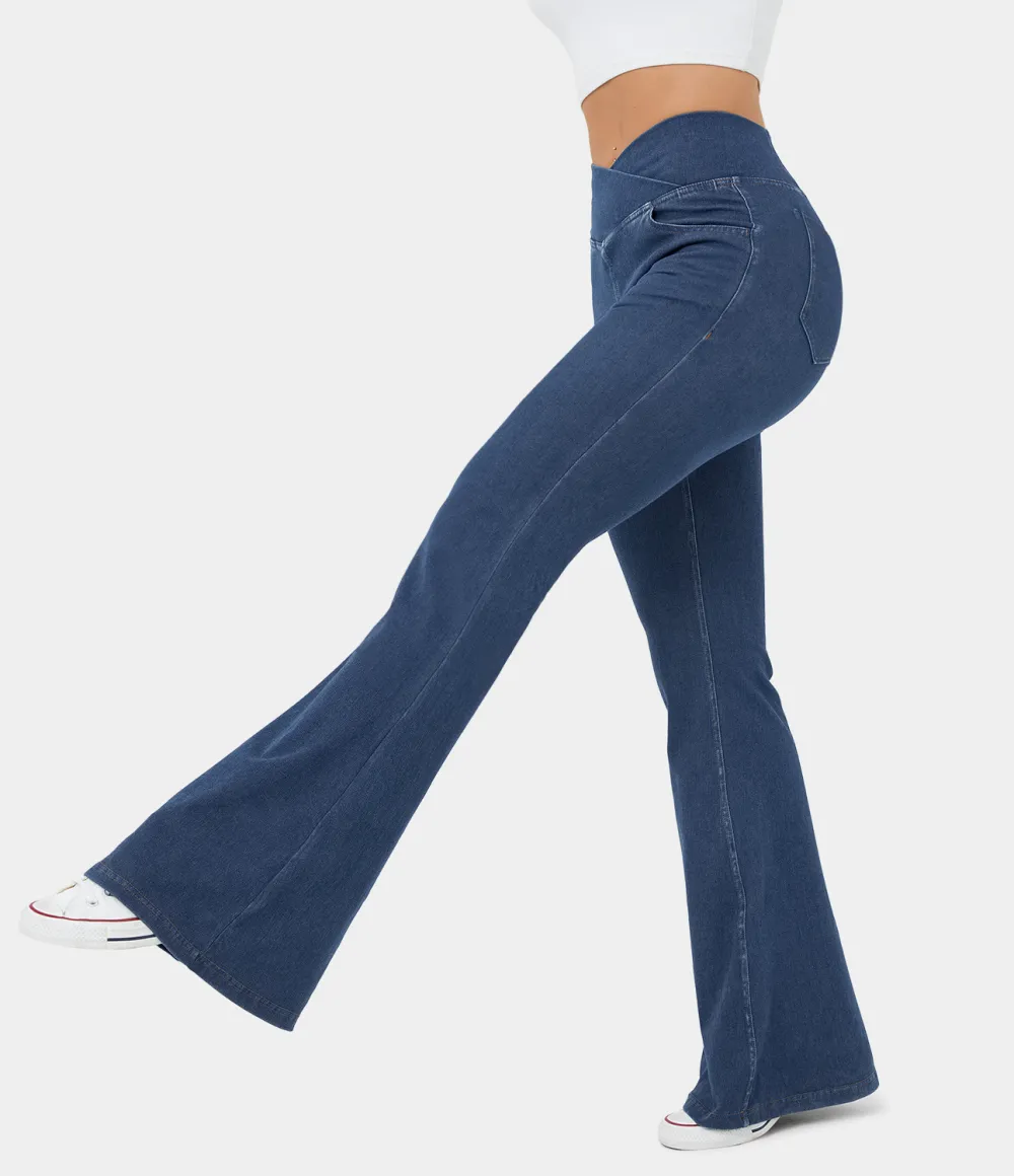 Magic High Waisted Crossover Pocket Cool Touch Washed Stretchy Knit Casual Super Flare Jeans