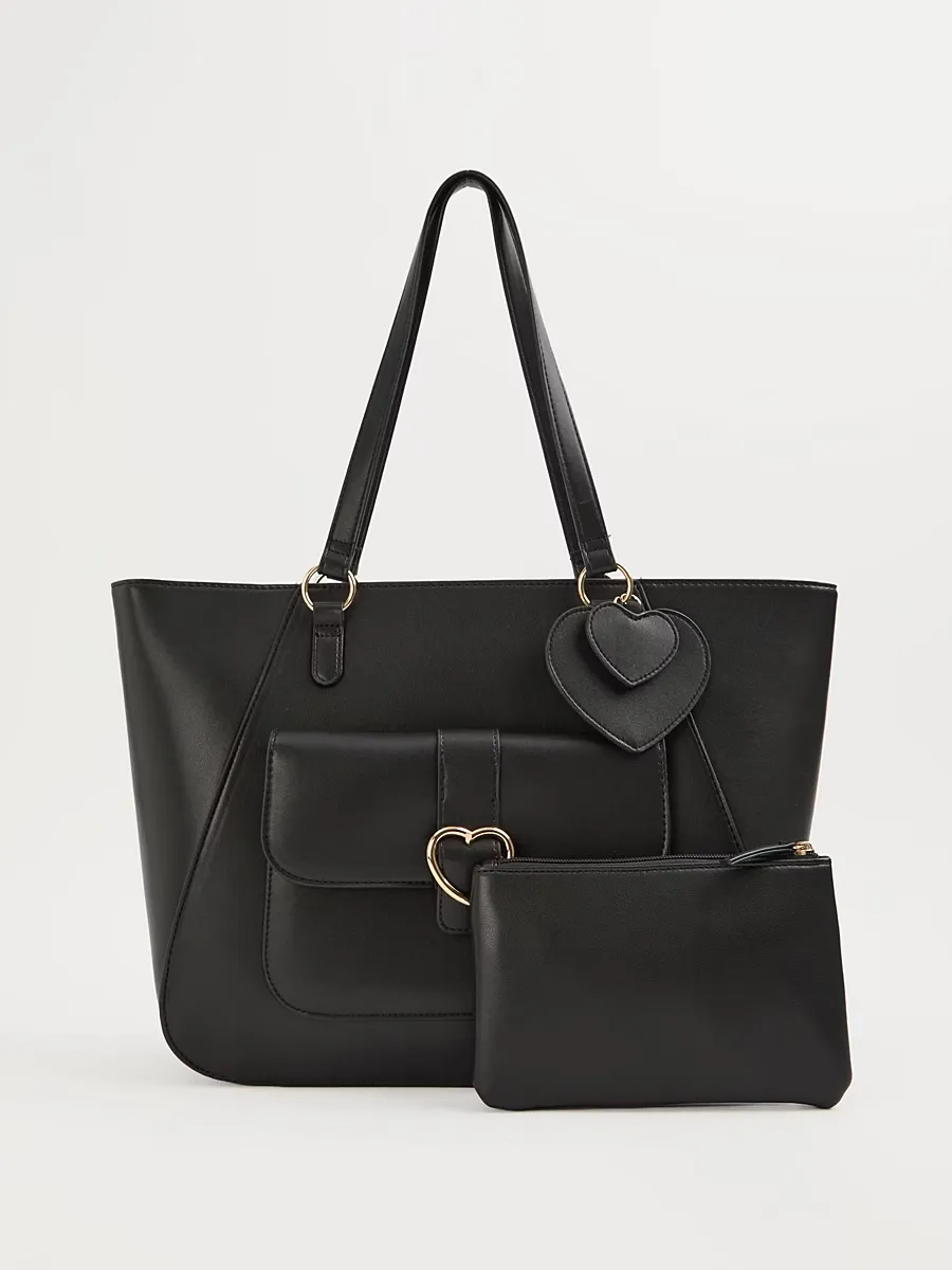 Black Heart Buckle Leather Look Tote Bag with Pencil Case