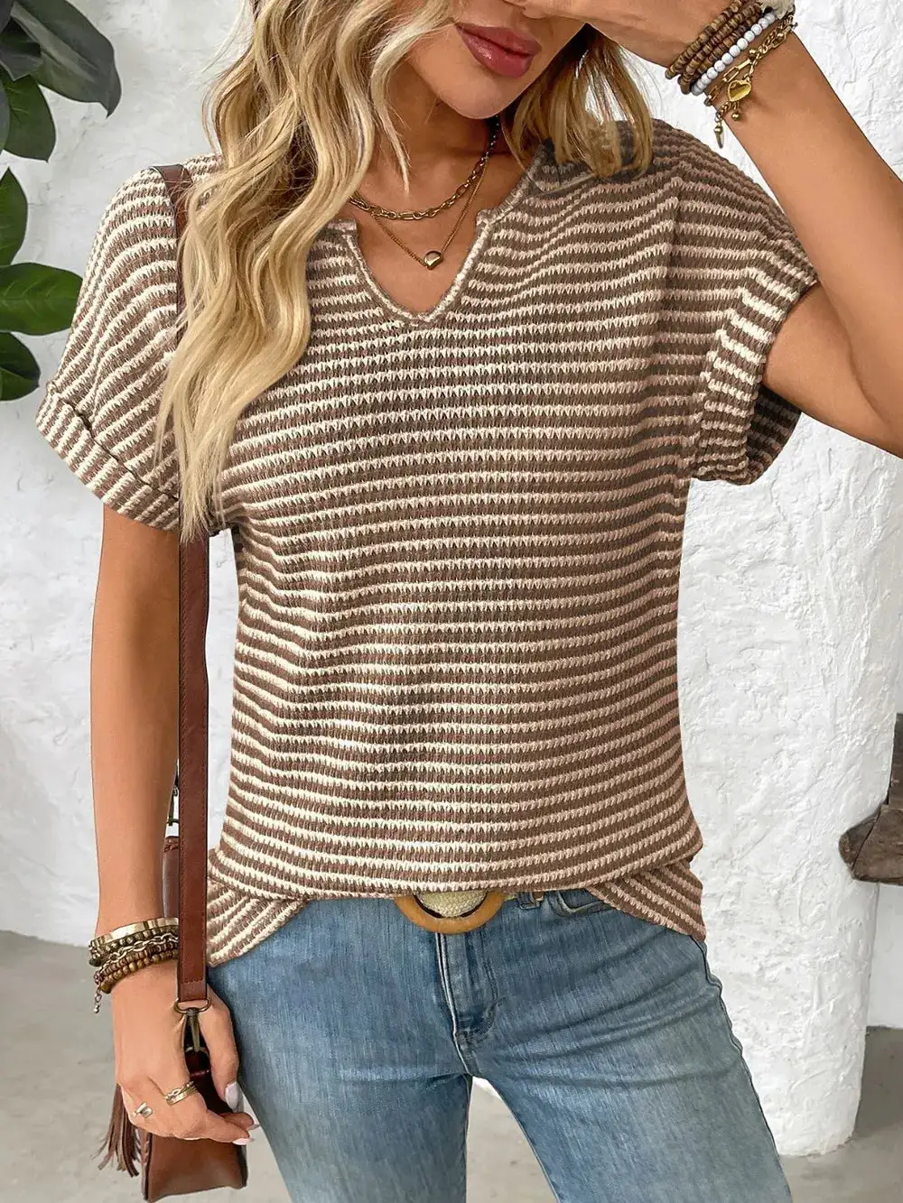 Everyday Striped Notched Short Sleeve T-Shirt