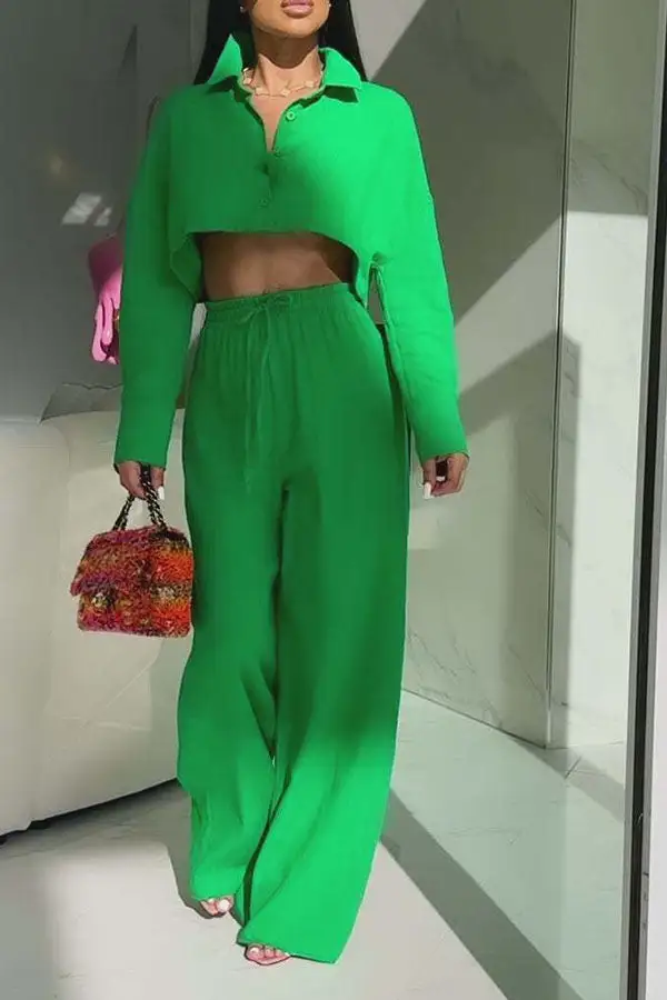 Solid Color Wide-Leg Collared Pant Set