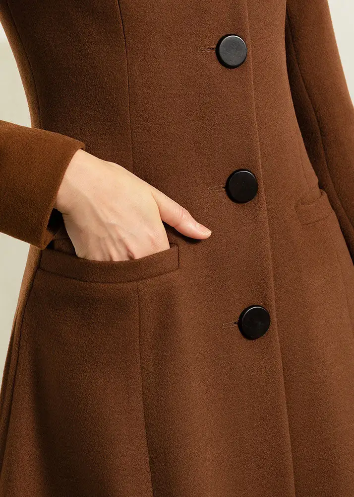 Refined Wool Blend Fit and Flare Single Breasted Pocketed Button Front Long Coat