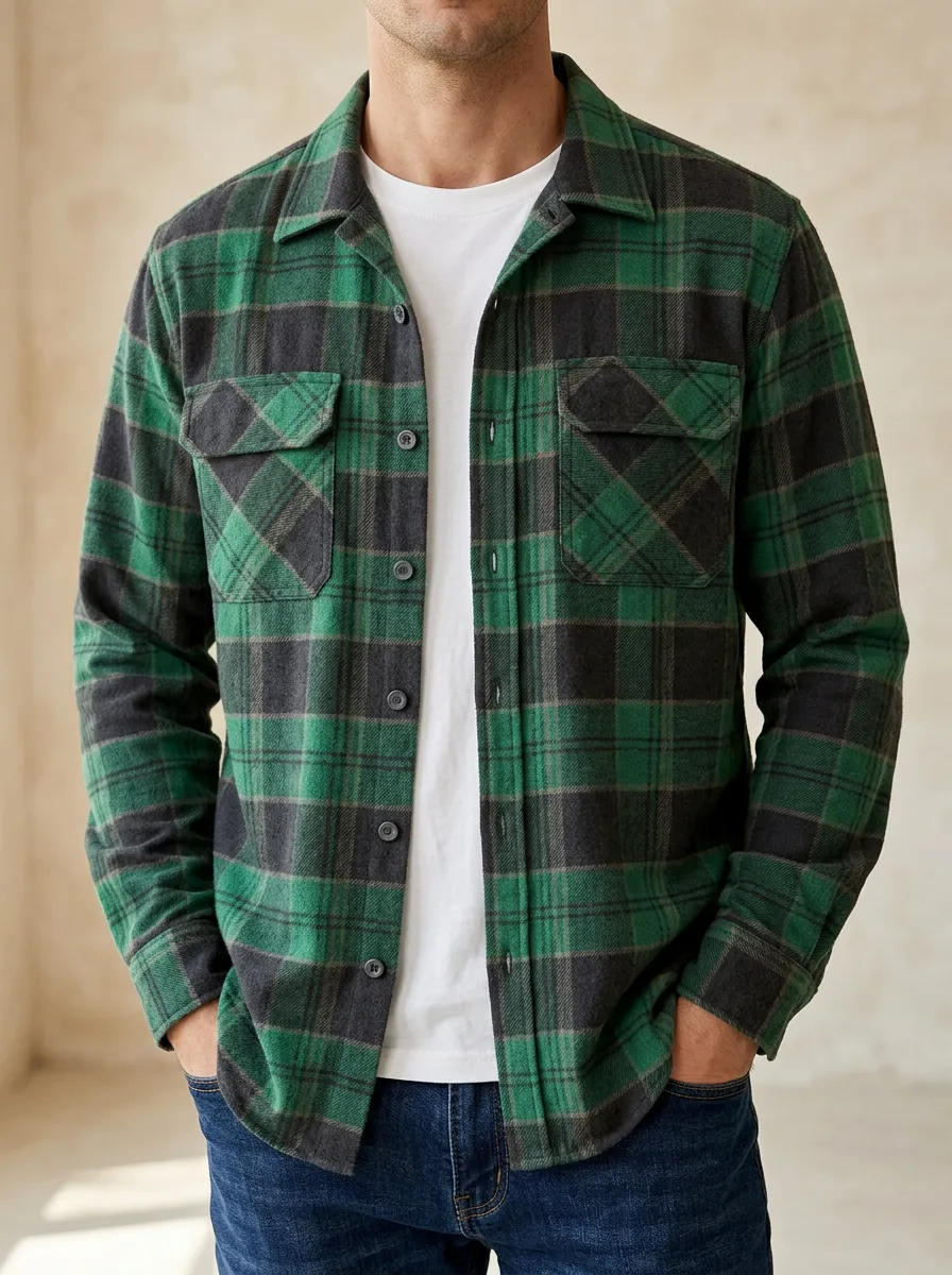 Forest Button Cuff Flap Pocket Plaid Shirt