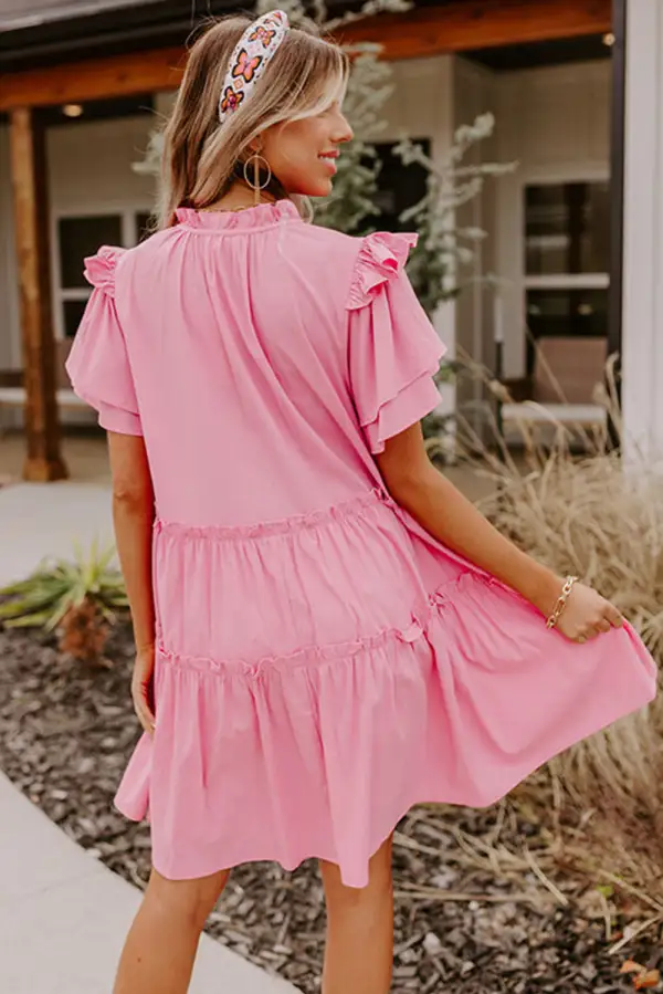 V Neck Layered Ruffled Sleeves Mini Dress