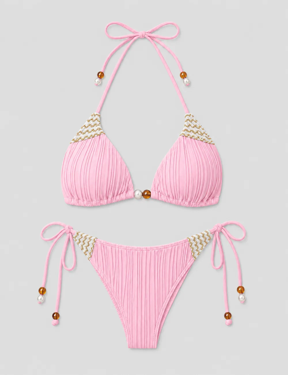 Ribbed Beaded Halter Triangle Two Piece Bikini Set