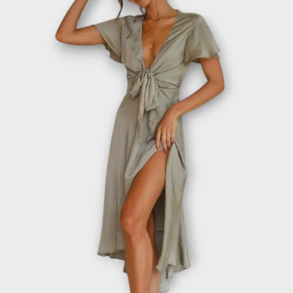 V-Neck Belted Flowing Midi Dress