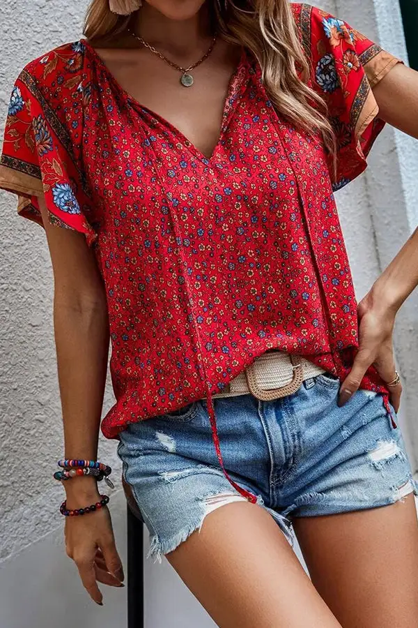 V Neck Printed Casual Tops