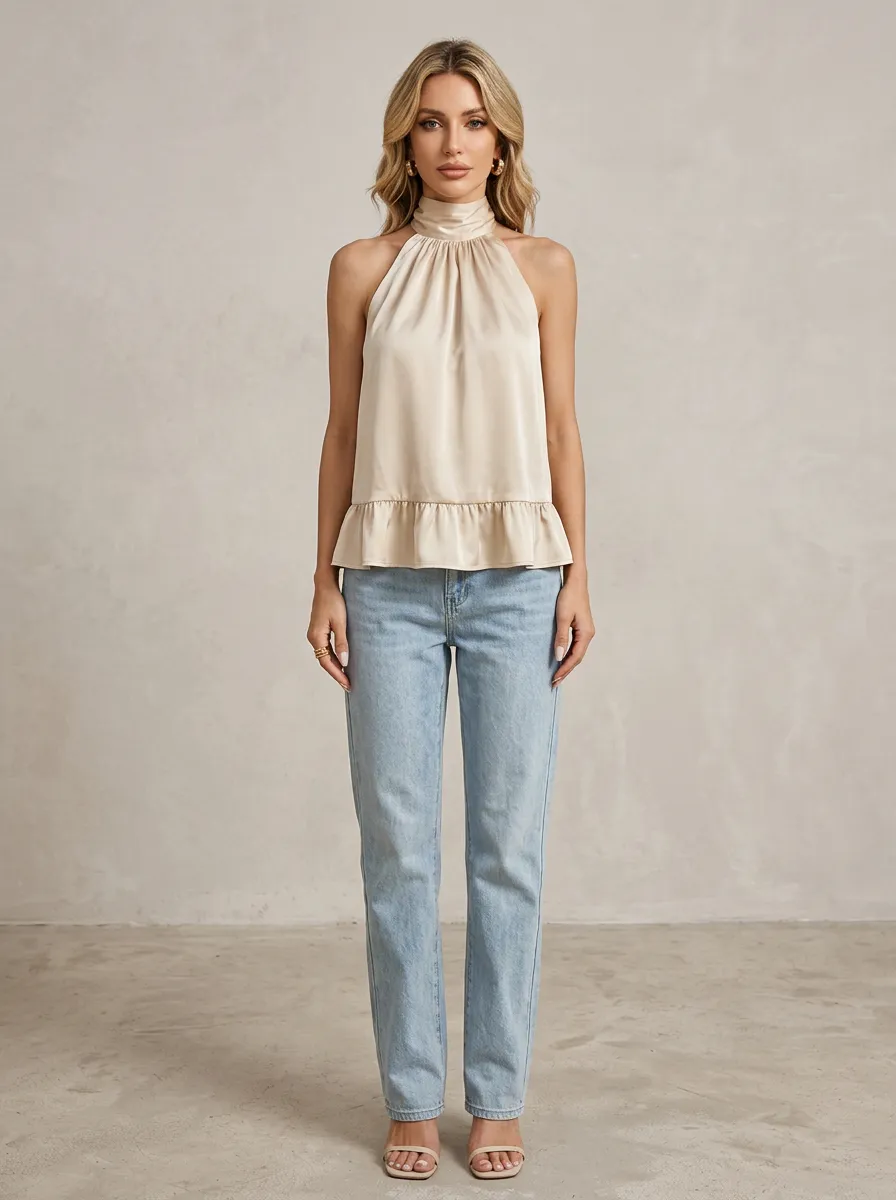 Satin Halter Neck Ruffle Hem Top