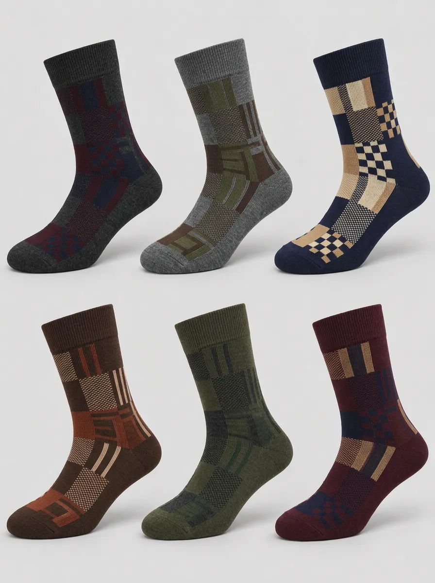 Men's Earth-Tone Checkered Ribbed Crew Socks 6-Pack