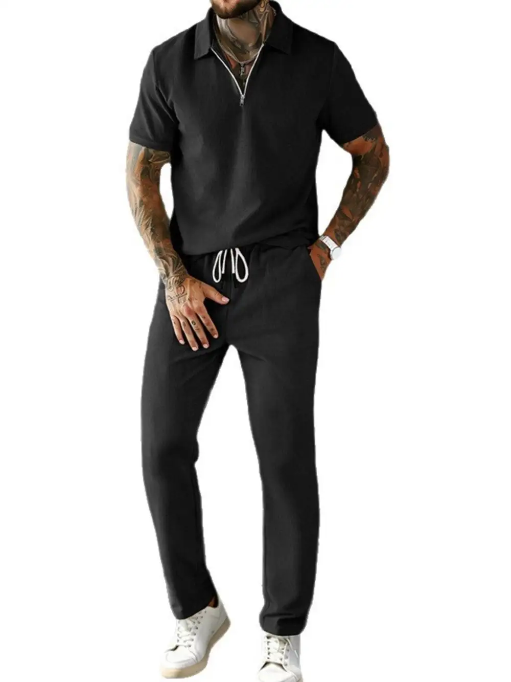 Men's Full Size Casual Zipper Polo Shirt and Pant Set