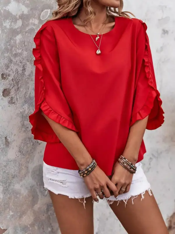 Ruffle Sleeve Solid Color Blouse