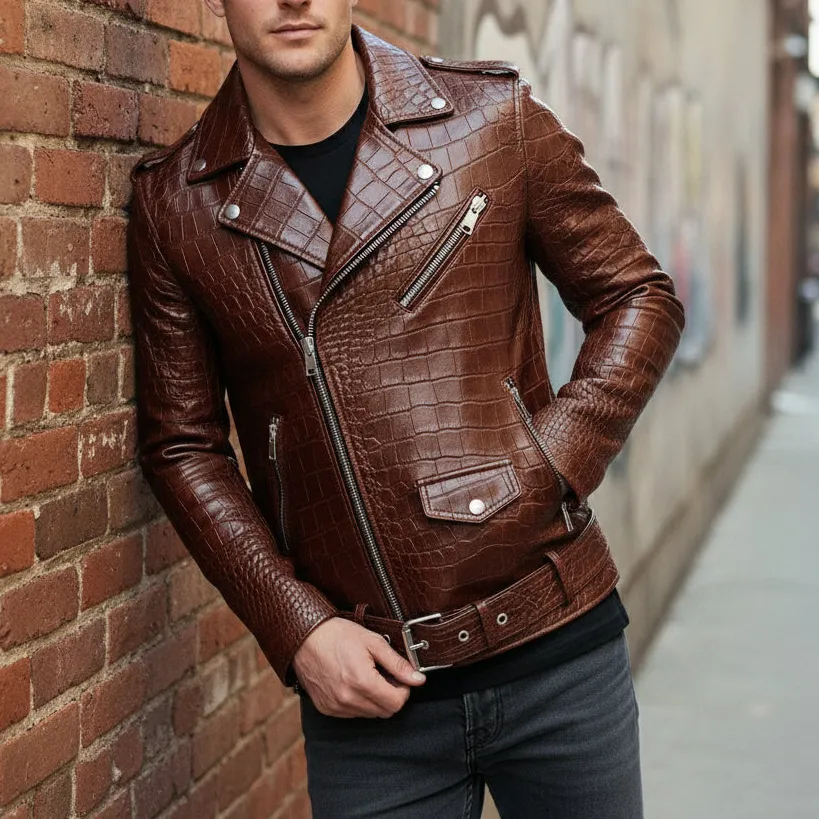 Classic Cowhide Biker Motorcycle Embossed Jacket