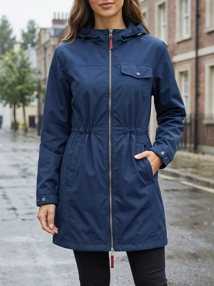 Women's Navy Blue Hooded Waterproof Rain Jacket with Adjustable Cuffs and a Drawstring Waist