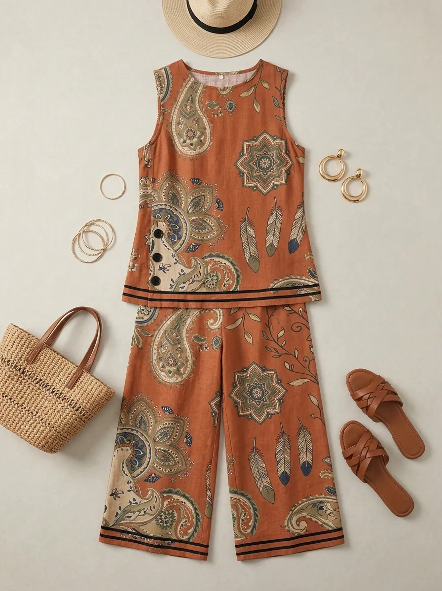 Women's Bohemian Paisley Feather Printed Sleeveless Set