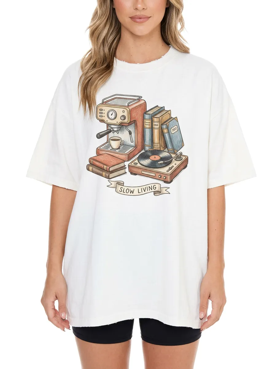 Women's Slow Living Coffee Books Vinyl Record Printed T-Shirt