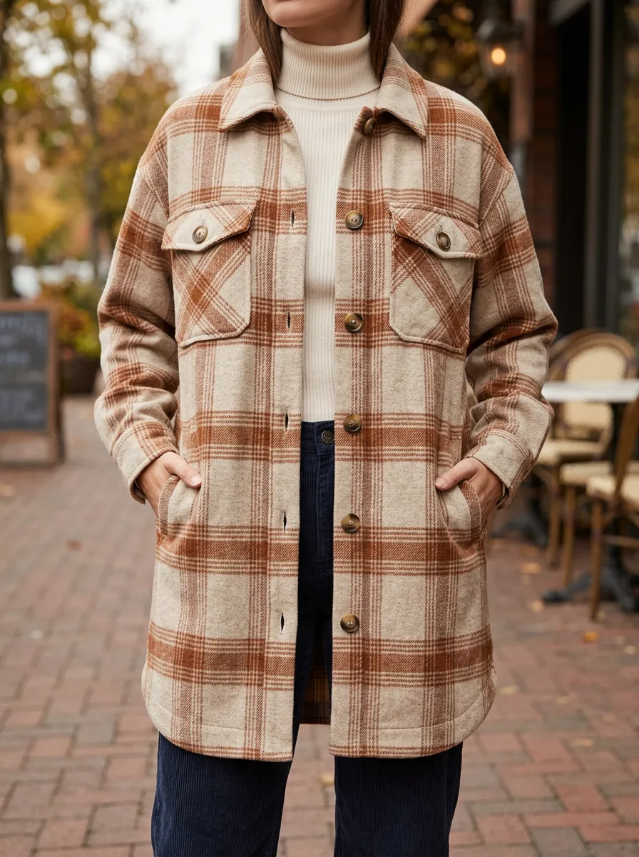 Women's Fall Brown Plaid Pattern Button Up Shacket Jacket
