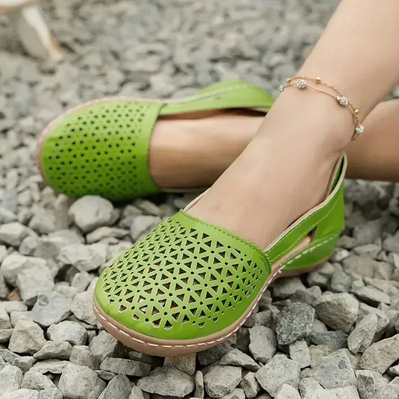 Women's Hollow Out Flat Sandals, Solid Color Cut-out Closed Toe Slip On Shoes, Casual Faux Leather Shoes