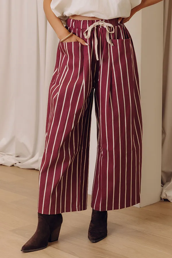 Mid Rise Wide Leg Striped Pleated Drawstring Pants