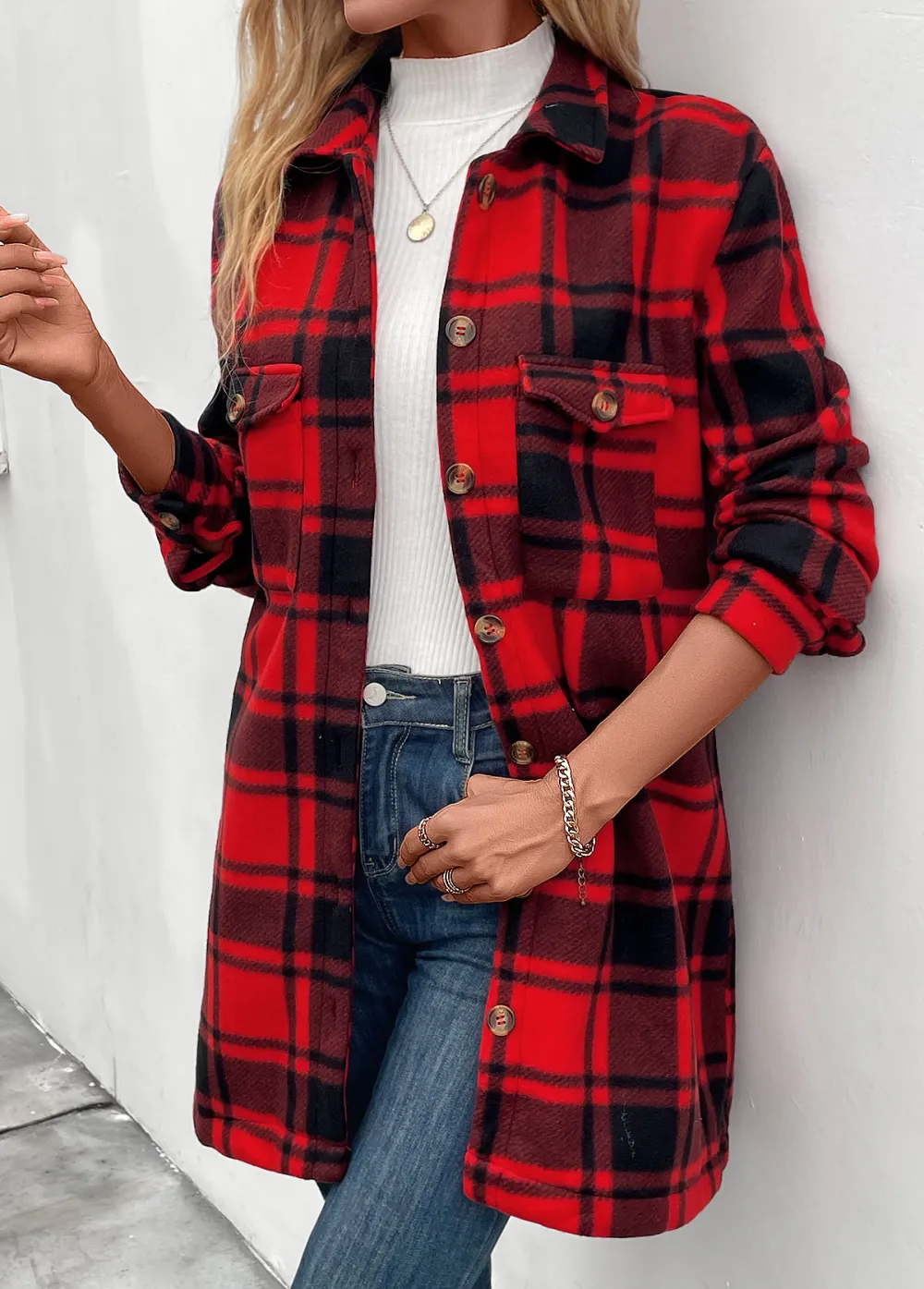 Red Pocket Plaid Long Sleeve Turn Down Collar Coat