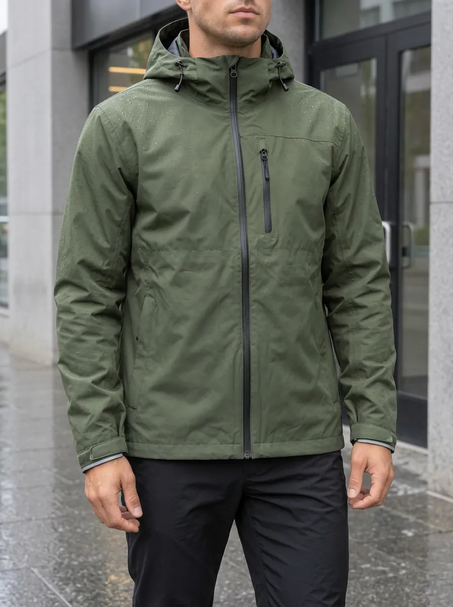 Men's Olive Green Waterproof Hooded Rain Jacket