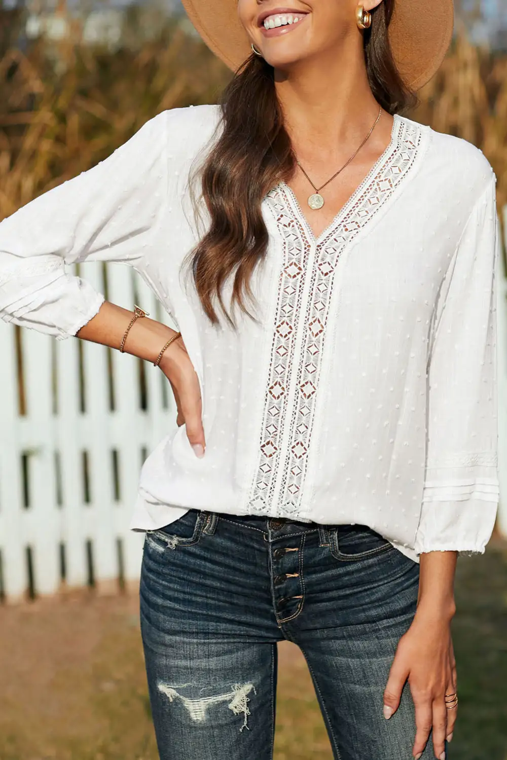 V Neck Three Quarter Sleeve Swiss Dot Casual Shirt