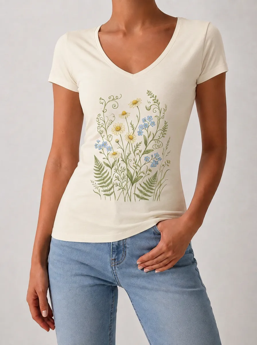 Women's Botanical Nature Lover Daisy Fern Printed V-neck T-shirt