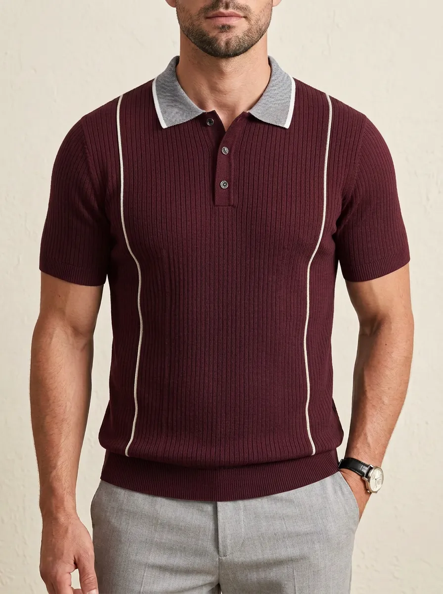 Men's Vintage Style Navy Ribbed Contrast Trim Polo Shirt