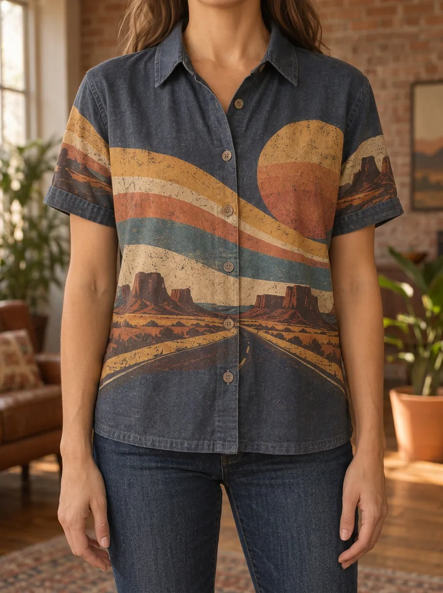 Women's Desert Landscape Retro Sunset Printed Shirt