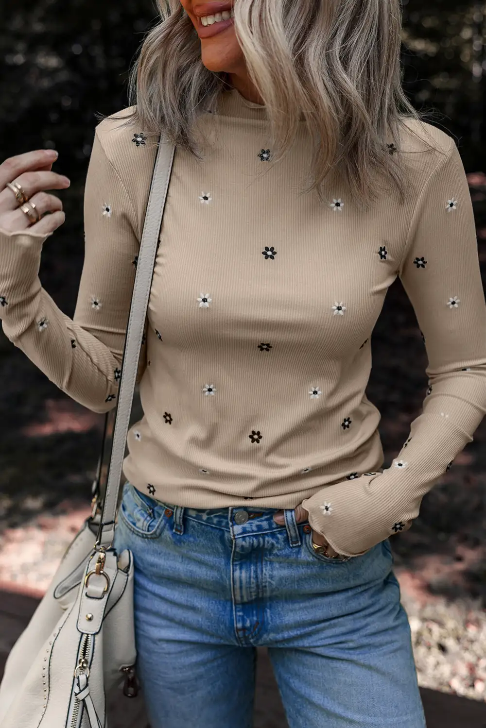Women's Floral Print Top With Ribbed And Long Sleeve