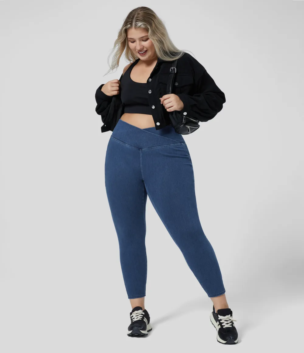 Magic Crossover Side Pocket Washed Stretchy Knit Denim Work Plus Size Leggings