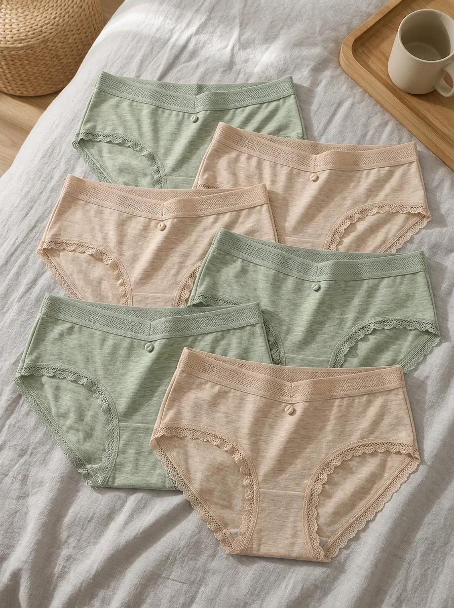 Women's Cotton Lace Trim Solid Color Printed Panties Set
