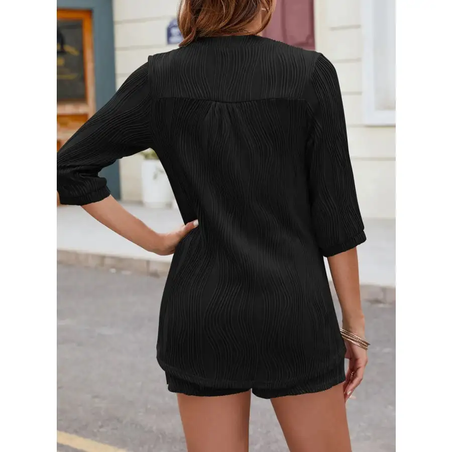 Textured Notched Top and Drawstring Shorts Set